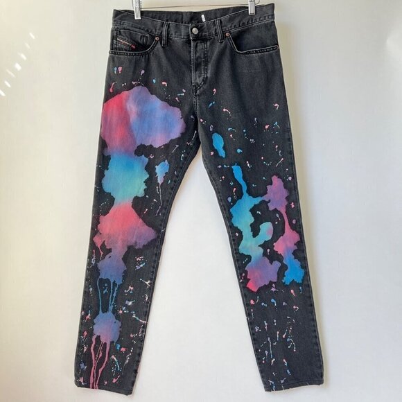 Diesel D-KRAS Slim jeans with collored paint splashed, Black / multi colored, si - Picture 3 of 14